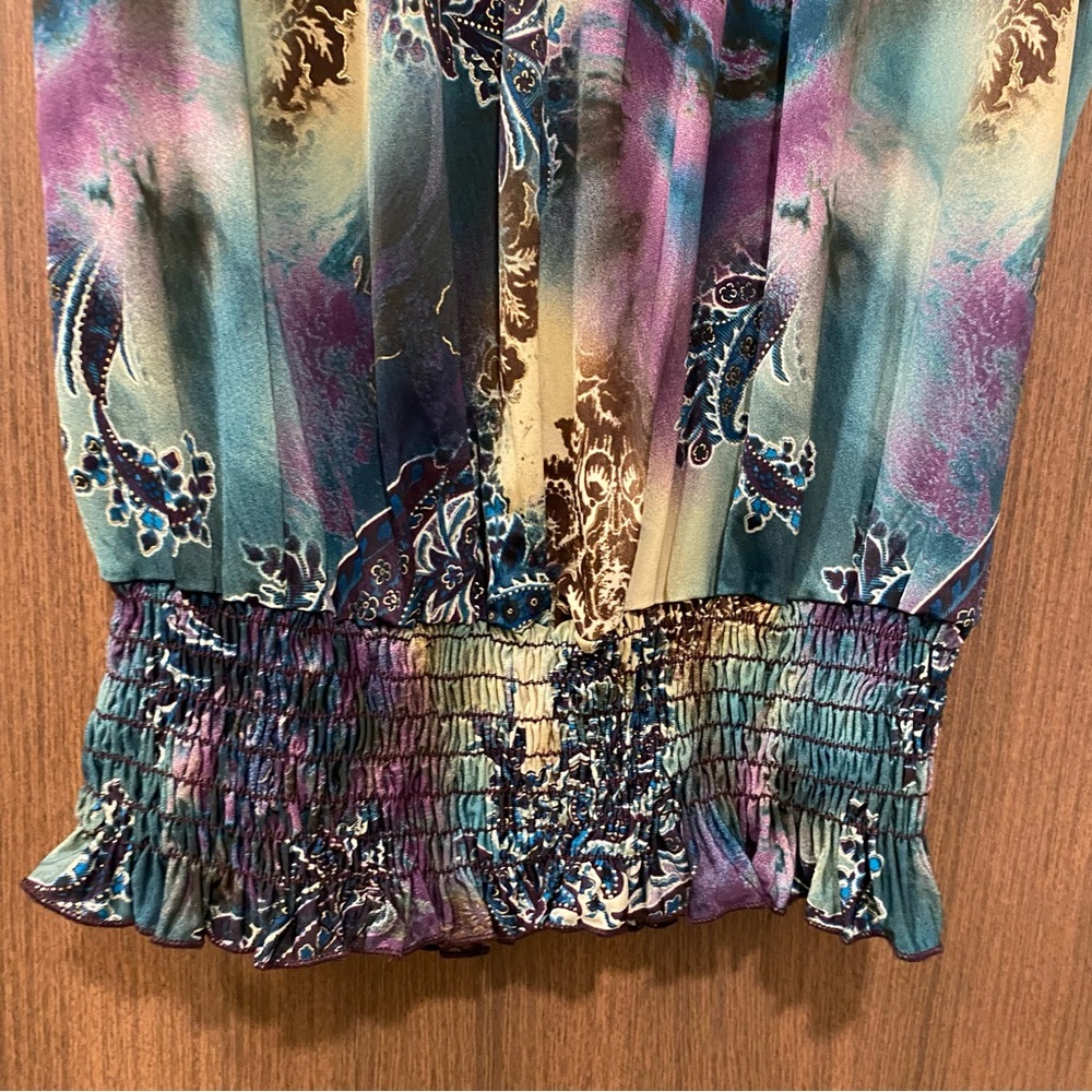 DRESSBARN Y2K Paisley Smocked Blouse Size 1X Beaded Embroidered Mesh Neckline - Picture 7 of 11
